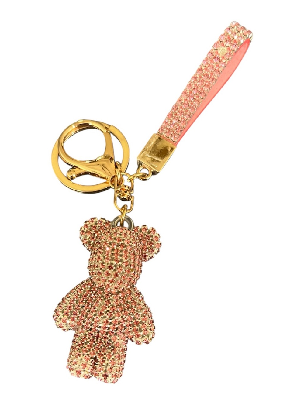 Pink Crystal Teddy Bear Keychain with Gold Hardware